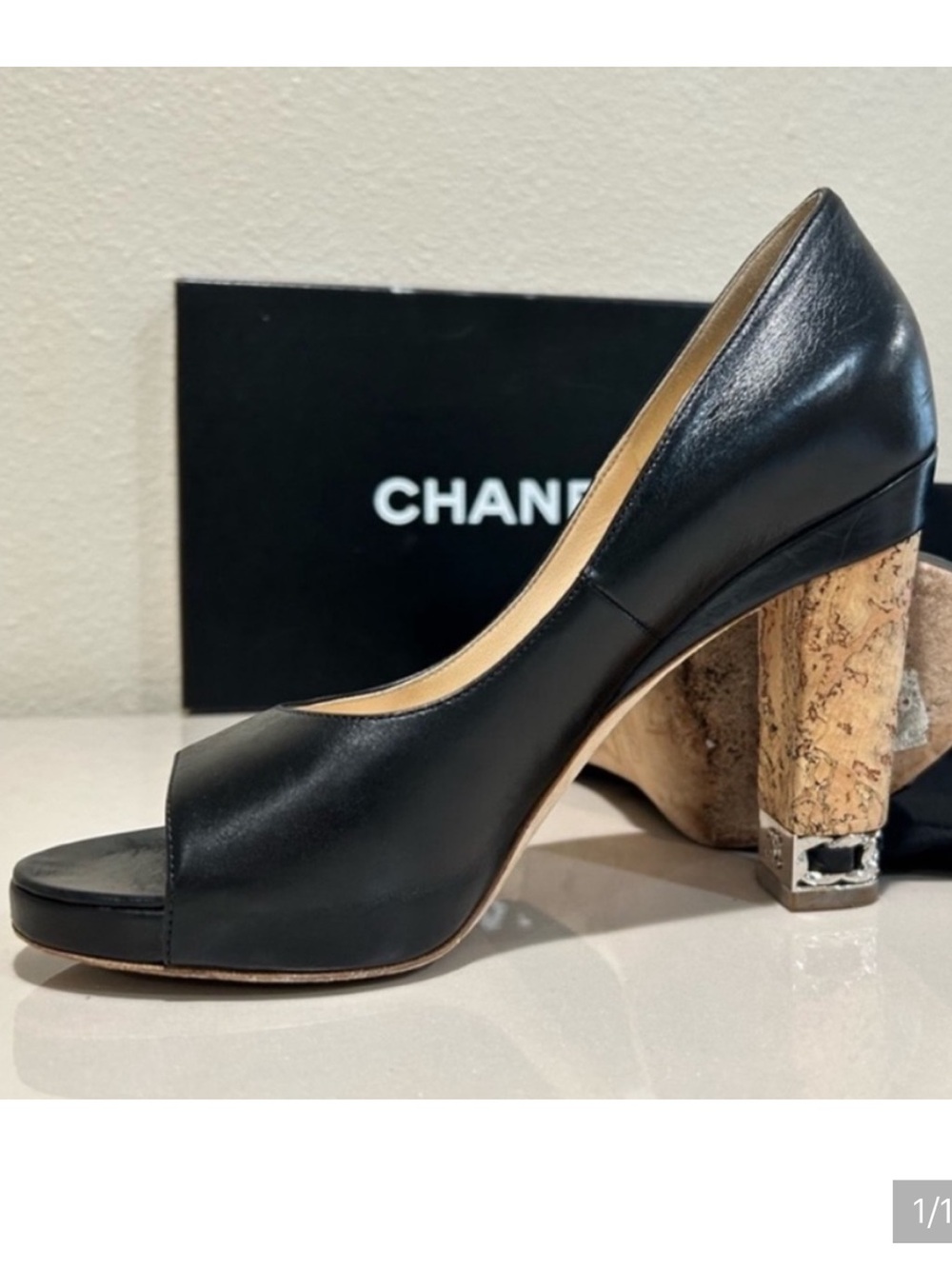 CHANEL Black Leather Cork Block Heel Peep-Toe Pumps EUC